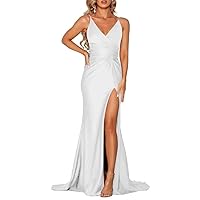 V Neck Spaghetti Strap Satin Backless Prom Dress Bodycon Ruched Split Mermaid Bridesmaid Dresses Long Evening Party Gowns