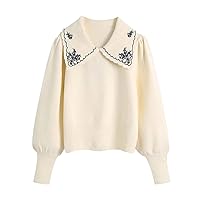 Women with Embroidery Knit Sweater Classic Doll Collar Sweet Beige Pullovers Lartern Sleeve Female Tops