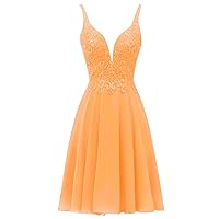 Women's V Neck Sleeveless Chiffon Short Cocktail Dress Lace Applique Backless Bridesmaid Party Dress Orange