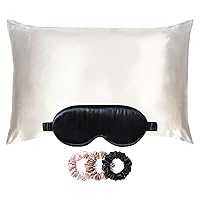 Silk Pillowcase, Eye Mask + Scrunchies Bundle - Includes One Queen Silk Pillowcase (White), One Lovely Lashes Contour Eye Sleep Mask (Black) + One Large Silk Scrunchie Set (Black, Pink, Caramel)