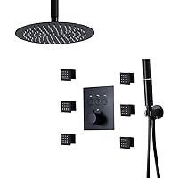 3 in 1 Thermostatic Shower System, Bathroom Ceiling Shower Faucet Set with 2 Function Handheld Showerhead, Top Spray Shower Head, Massage Body Jets,Black