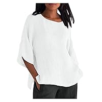 Summer Cotton Linen Tops for Women 3/4 Sleeve Crewneck T-Shirt Plus Size Solid Side Slit Loose Fit Tunic Blouses