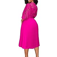 Women's Classic 3/4 Sleeve Floral Lace Office Lady Dress Business Midi Pleated Dresses with Belt