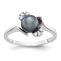 14k White Gold Polished Prong set 6mm Black Freshwater Cultured Pearl Diamond ring Size 6 Jewelry Gifts for Women