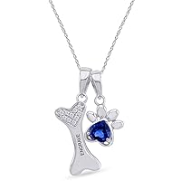 Personalized Engrave Simulated Birthstone & Diamond Accent Paw Print and Dog Bone Charm Pendant Necklace in 14k White Gold Over Sterling Silver