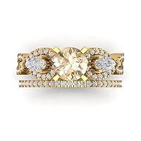 Clara Pucci 1.94 carat Round Cut Solitaire 3 stone Natural Morganite Engagement Wedding Anniversary Bridal Ring band set 14k Yellow Gold