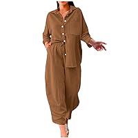 Womens Cotton Linen 2 Piece Outfits Casual Long Sleeve Button Down Blouses Wide Leg Pants Sets Work Loose Suits