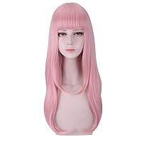 Cos-Animefly Kaguya-sama Love Is War Fujiwara Chika Cosplay Wig,Pink Long Straight Bangs Slight Inward Curly Hair Wig for Women Girl