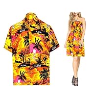 LA LEELA Men's Camp Palm Tree Button Up Short Sleeve Hawaiian Shirt Women Short Midi Casual Dress Work from Home Clothes Beach Shirt Men Size XL Women Combo Pack of 2