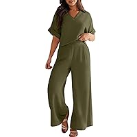 Women's Casual 2 Piece Outfit Linen Sets Short Sleeve Tops Flare Pleated Wide Leg Pants Vacation 2024 Tracksuit