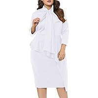 LALAGEN Women's Plus Size Long Sleeve Peplum Tie Neck Bodycon Pencil Midi Dress White XXXL