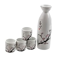 M.V. Trading MVSS-001 Porcelain Sake Set with Cherry Blossom, White with Large Sakura Flower, 6 Ounces Bottle / 1 Ounces Cups