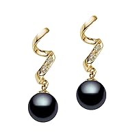 14k Yellow Gold AAAA Quality Black Freshwater Cultured Pearl Diamond Dangle Earrings for Women - PremiumPearl