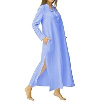 Women's Plus Size Long Sleeve Cotton Linen Split Kaftan Maxi Dress S-3XL