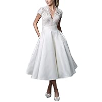 Women's V Neck Short Sleeves Tea Length Short Wedding Dress Satin Plus Size Bridal Gowns
