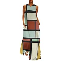 Mondrian Geometric Shapes Women's Long Dress Casual Sleeveless Maxi Dress Swing Dresses with Pockets 2XL