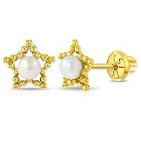 14k Yellow Gold Young Girl's Cultured Pearl Star Safety Screw Back Earring Studs - Small Beautiful Star Earrings for Little Girls