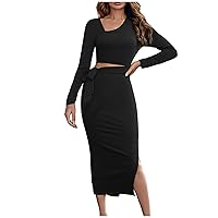 Long Sleeve Cocktail Party Dress for Women,Sexy V Neck Cut Out Bodycon Slit Midi Dress Elegant Formal Smocked Dress