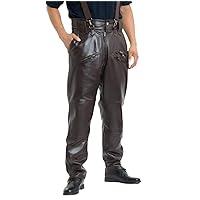 Winter Warm Mens Cowhide Trousers, Loose Genuine Real Leather Pants, Motorcycle Riding Zippers Pants Brown