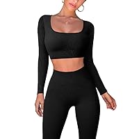 OQQ Workout Outfits for Women 2 Piece Ribbed Exercise Long Sleeve Tops High Waist Leggings Active Yoga Set
