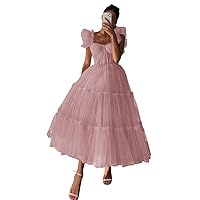 Tulle Prom Dresses for Women Tiered Ruffle Sleeve Tea Length Puffy Sweetheart Corset Formal Evening Gowns