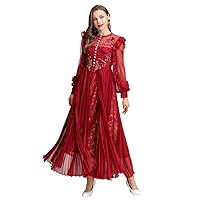 Eoucuya Women Evening Gown Dress Red Pleated Embroider Patchwork Beading Evening Dress