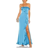Womens Strapless Ruffles Prom Dresses with Slit Long Satin Bridesmaid Dresses A Line Pleated Formal Evening Dress