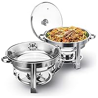 5QT Chafing Dish Buffet Set 2 Pack, 95% Assembled Round Chafing Dishes for Buffet with Glass Lid & Lid Holder, Stainless Steel Chafers and Buffet Warmers Set for Dinner, Parties, Wedding