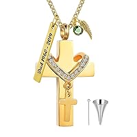 10K Gold Cross Urn Necklace for Ashes, 10K/14K/18K Real Gold Moissanite Cremation Necklace with Birthstone Jewelry for Women Men Keepsake Pendant Necklace Memorial Locket Ash Holder