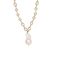 925 Sterling Silver Gold Plated White Topaz Dangle White Baroque Pearl Necklace 18 Inch Jewelry for Women