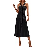 Dresses for Women 2024, Women's Sweetheart Neckline Off Shoulder Tie Sleeveless Slit Pleated Dress, S XL