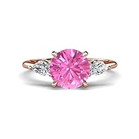 Created Pink Sapphire2.94 ctw Hidden Halo accented Side Lab Grown Diamond Engagement Ring Set in Tiger Claw prong setting in 14K Gold