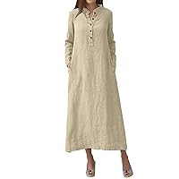 Women Casual Dresses Fashion Solid Color Round Button Up Long Sleeve Midi Length Loose Midi Dresses for Women