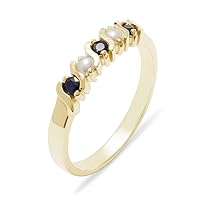 Solid 585 14k Yellow Gold Real Genuine Sapphire & Cultured Pearl Womens Eternity Band Ring