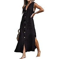 Women Button Up Dress V Neck Sleeveless Cotton Linen Dress Casual Side Slit Beach Tunic Shirts Dresses with Pockets