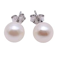 JYX Pearl Sterling Silver Studs Earrings 6-7mm Round White Akoya Seawater Cultured Pearl Ball Earrings for Valentines Gifts