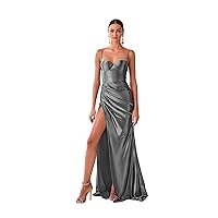 Women's Satin Prom Dresses Long Mermaid Prom Ball Gown Spaghetti Straps Formal Dress with Slit MN972