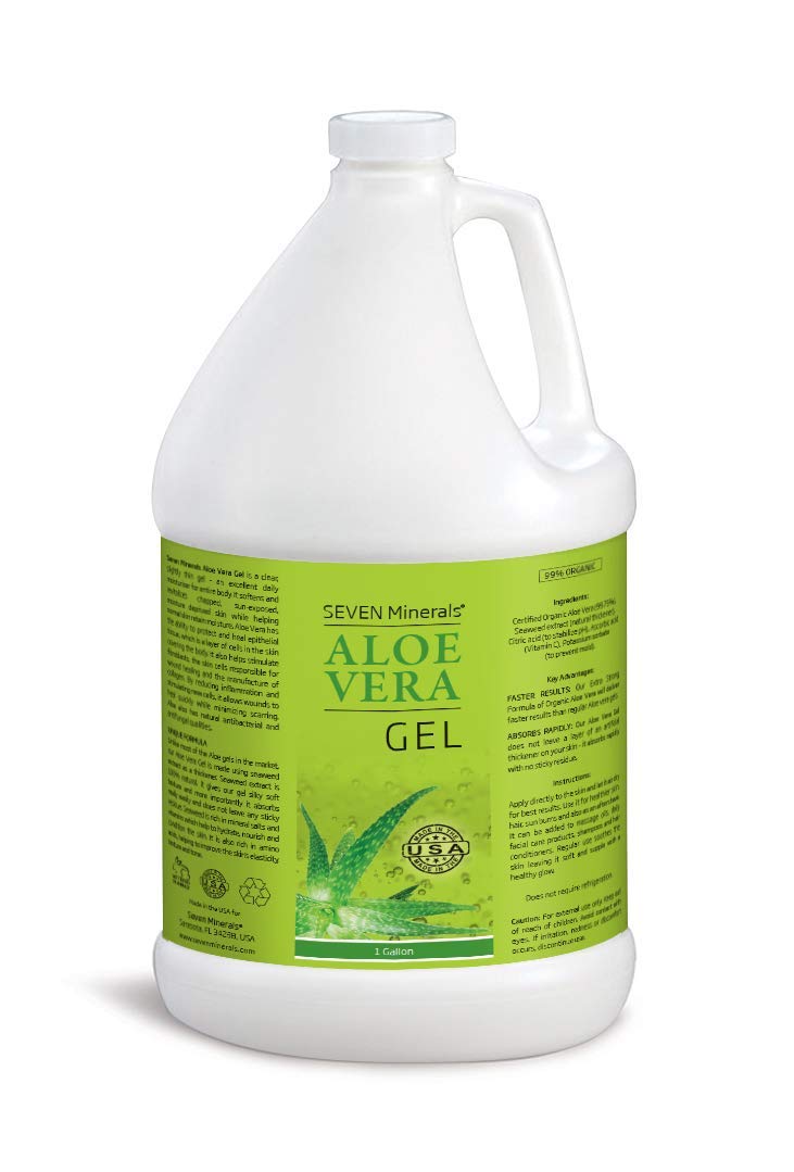 Seven Minerals Organic Aloe Vera Gel from freshly cut 100% Pure Aloe - 1 Gallon - HighestQuality, Texas grown, Vegan, Unscented - For Face, Skin, Hair, Sunburn relief - Bulk DIY (128 Fl Oz)