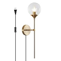 KCO Lighting Gold Globe Wall Sconce Plug in Mid Century Modern Long Arm Wall Light Brush Brass Bathroom Vanity Light Fixture Bubble Glass Wall Sconce (Clear)