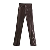 Faux Leather Pants for Womens High Waist Split Hem Casual Breathable Soft Office Straight Wide Leg Trousers