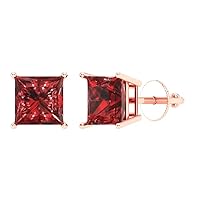 2.94cttw Princess Cut Solitaire Genuine Natural Scarlet Red Garnet Unisex Stud Designer Earrings 14k Rose Gold Screw Back