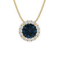 1.25 ct Round Cut Natural Royal Blue Topaz Pave Halo Solitaire Pendant Necklace With 16