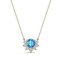 Round Blue Topaz & Diamond 0.49 ctw Women Half Halo Pendant Necklace 14K Gold