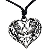 Celtic Wolf Couple Love Heart Jewelry Triquetra Native American Indian totem werewolf Asatru Viking Pagan Pewter Women's Men's Pendant Necklace Charm Protection Amulet for men w Black adjustable cord