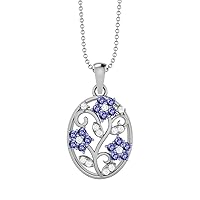 925 Sterling Silver Filigree Floral Natural Round Tanzanite & White Topaz Teardrop Charm Pendant Chain Necklace