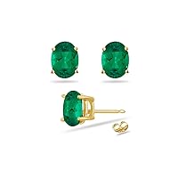 1.45-1.65 Cts of 7x5 mm AAA Oval Lab Created Emerald Stud Earrings in 14K Yellow Gold