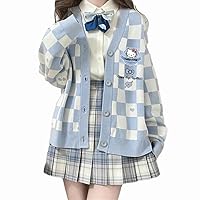 Cute Cardigan Kawaii Anime Sweater Plaid Cardigan Sweaters for Women Girls Jacket Cosplay Costume V-Neck Long Sleeve