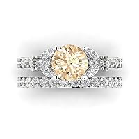 Clara Pucci 2.72ct Round cut 3 stone Natural Brown Morganite Engagement Anniversary Wedding Ring Band set 18K White Gold
