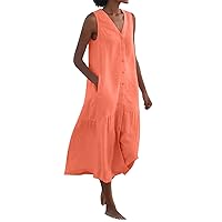 Plus Size Button Cotton Linen Midi Tank Dress for Women Summer Casual V Neck Sleeveless Pleated Plain A-Line Dresses
