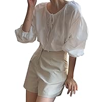Womens Summer Tops Sexy Casual T Shirts for Women Tie Neck Lantern Sleeve Blouse
